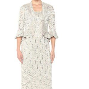 R&M Richards Women's 2Pc Lace Long Jacket Dress, Sz: 14, Champagne Gold